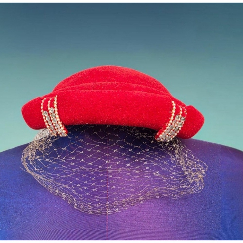 Vintage Lee Red Genuine Velour Fur Felt Pillbox Hat with Veil and Rhinestones